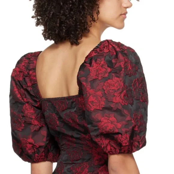 Ganni Black & Red Botanical Jacquard Blouse